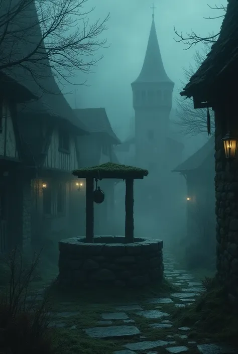 A dark, eerie village scene with a weathered, moss-covered well in the center, surrounded by dim lantern light and dense fog.