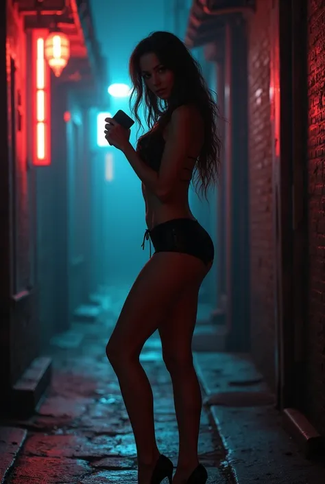 Woman in a sexy corner moving her wallet at night on the street