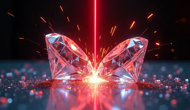 Two large, brilliant diamonds are positioned on a reflective surface, one on the left and the other on the right. A powerful red laser emerges between them, splitting into two beams that cut through both diamonds simultaneously. As the lasers slice through...