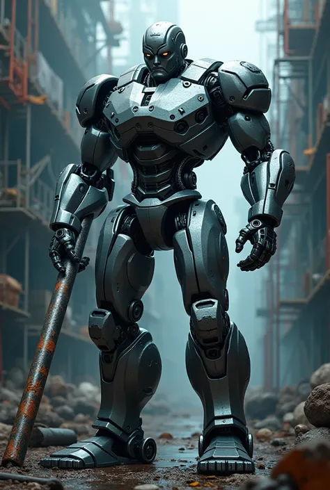 Steel man holding steel rod in construction background in dark blue 