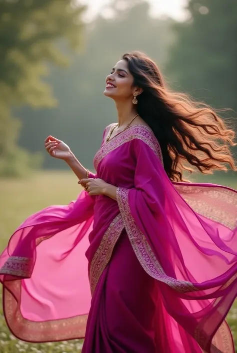 Beautiful lady with beautiful magenta color long sleeve saree in relax and happy pose with hand up in the wind in 180 