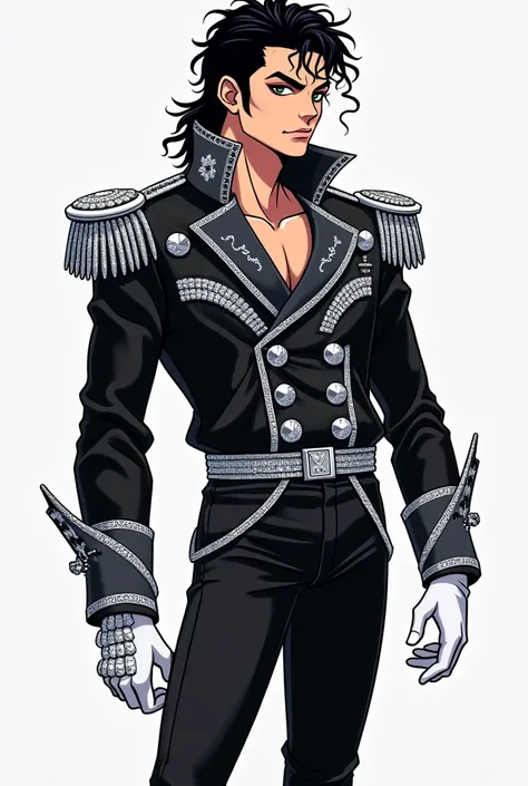 Michael Jackson

Suit :  Black military jacket with silver details ,  tight black pants,  shiny white socks and its famous crystal-studded glove. anime style 