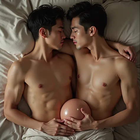  2 handsome Korean men naked with good figures，  Lying naked on the bed   ,   kissing and hugging each other  .   Puts his hand on the bulge  , big bubble  ,   she looks satisfied  