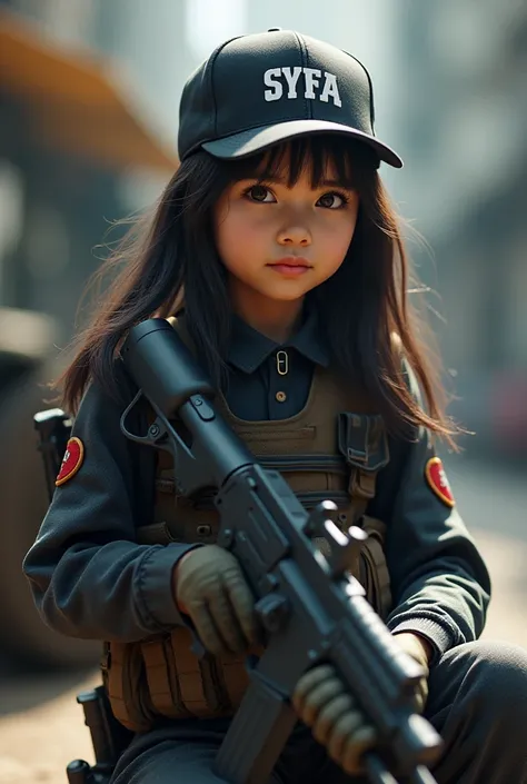 : An Indonesian Girl, Snapback hat, holding a stylish toys gun over his shoulder, sitting on the barrel of a replica tank toys gun modified with the strongest material, wearing a squadron uniform that says “SYFA” black protection, realistic, 8K. 