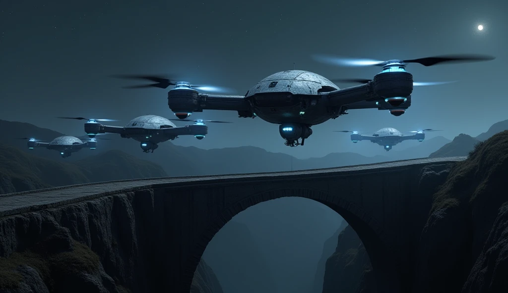 A 3D image of A big  flying drones at night time,over a narrow bridge 