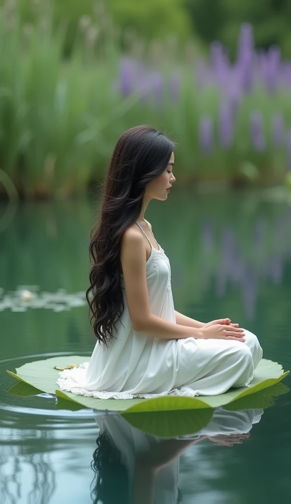  Beautiful Indonesian woman jelita ,  long hair unraveled wearing a simple white dress , sitting on a leaf ,  floats in the middle of a beautiful lake background of long grass and flowers of purple color, the woman of small size ,  realistic 8k 