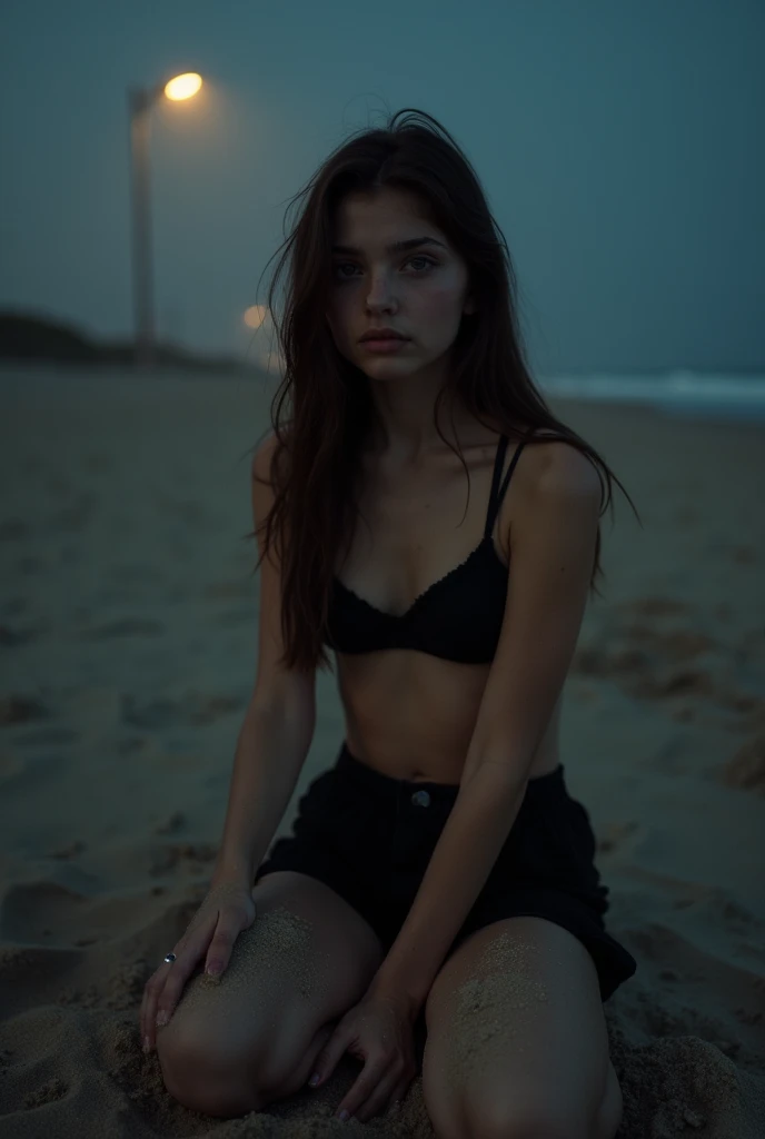 15-Year-Old Brunette Girl , In black shorts wet and dirty with sand,  black bra ,  sitting on the beach sand , at night,  photo taken by a cell phone camera 