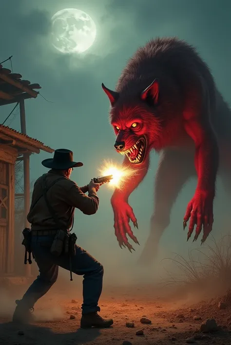 A highly detailed and realistic depiction of a dramatic confrontation between an elderly bounty hunter and a massive red werewolf, set in the arid Brazilian countryside (sertão) at night. The bounty hunter, dressed in rugged clothing, a black hat, and ammu...