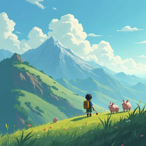 One day, after a big wind , Wu (Oriental boy with black hair)  noticed that all his piglets had escaped. very sad,  he walked steadily up the mountain in search of his precious animals.  Nintendo style Breath of the Wild 