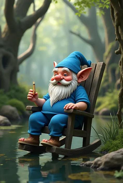 create a small blue gnome ,  wearing a blue t-shirt and blue pants ,  while sitting on a wooden rocking chair and smoking a cigar in a swamp 