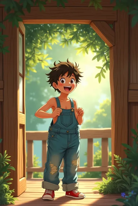 high school boy look at my overalls! shirtless, treehouse, Ichigo Mashimaro style