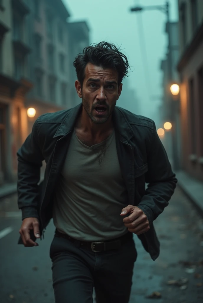 Create an ultra-realistic image of a man running frantically through a desolate urban street at dusk, his expression a mix of desperation and confusion. His clothes are slightly disheveled, and sweat beads on his face as if he’s been running for hours. The...