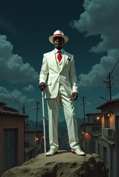 a black man, representing Zé Pilintra ,  is standing on top of a hill ,  observing a surrounding favela .  He wears an impeccably elegant snow-white suit ,  complemented by a red tie .  His small hat is also white ,  adorned with a red ribbon that matches ...