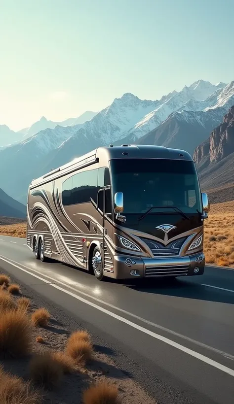 A luxurious Newell Coach motorhome traveling on an open highway, emphasizing its impressive size, style, and high-end design, with a backdrop of mountains and clear skies."