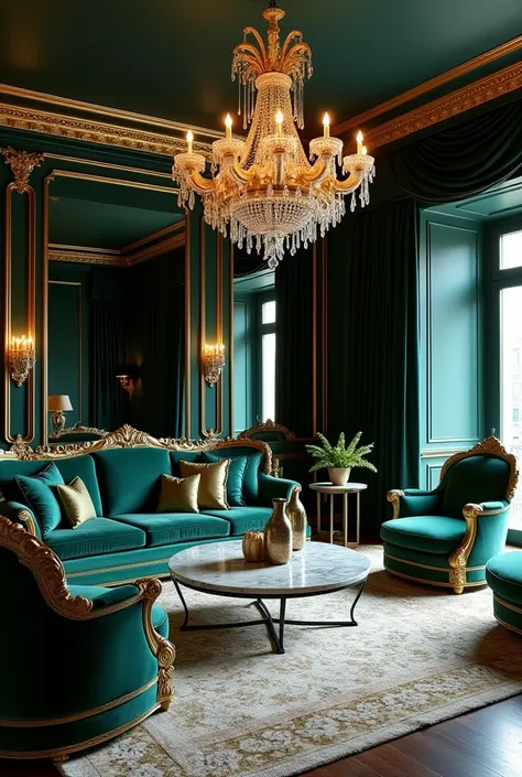 A bold and luxurious living room with an opulent atmosphere. The design includes deep, rich colors such as emerald green, navy blue, and gold accents. The furniture is plush and made from velvet, with intricate gold detailing on a sofa and armchairs. The c...