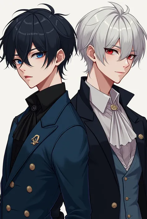 Two boys, one with black hair and blue eyes ,  the other with white hair and red eyes , both strong and elegantly dressed