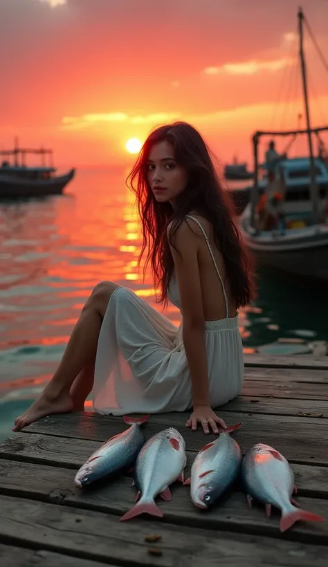 A small wooden pier, built from old planks, showing signs of time and sea salt. It is slightly inclined towards the calm sea water, reflecting the bright red and gold hues of the sunset. On the edge of the pier sits a beautiful girl with long dark hair flo...