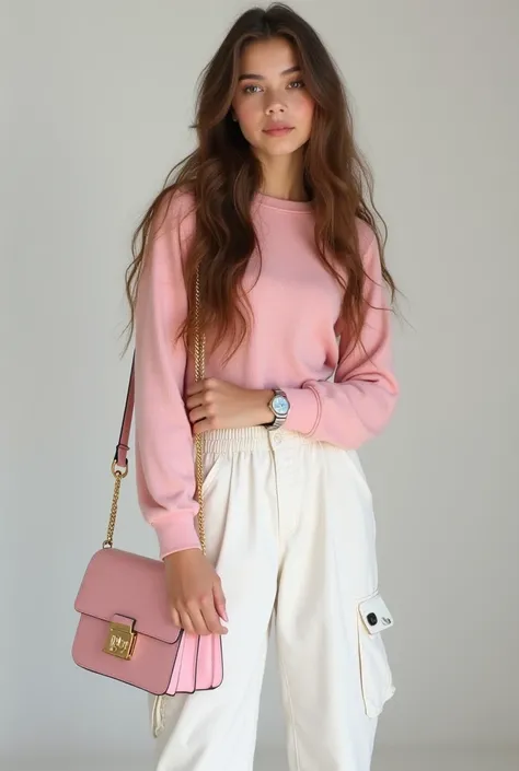  a 15-year-old teenager with long brown hair ,  brown eyes, big pink lips , 
 with natural makeup ,  a very short long sleeve top in pastel pink , loose cargo pants color white ,  all-white sneakers ,  a pink Dior pastel bag on the left arm and on the righ...