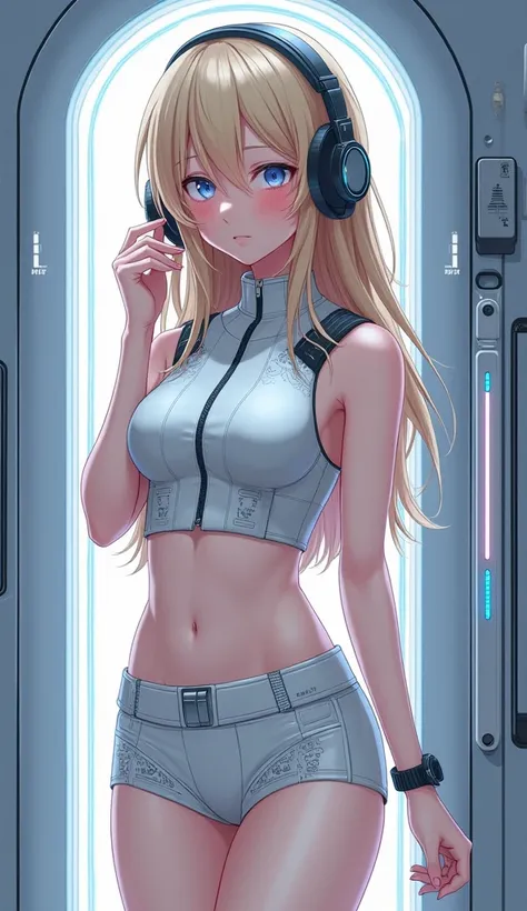 Detailed anime illustration, pixiv style,anime love-live style, zero gravity space. Woman dressed in white spaceship high-tech capsule, cold sleep device. Japanese woman, blonde long hair, blush,shy,wearing futuristic underwear with biosensors and circuit ...