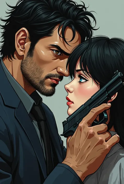 Create me a image of a man which his right eye is brown and the other is blue( also has a gun, touching a girl face. Anime manhwa style, oil paint, 