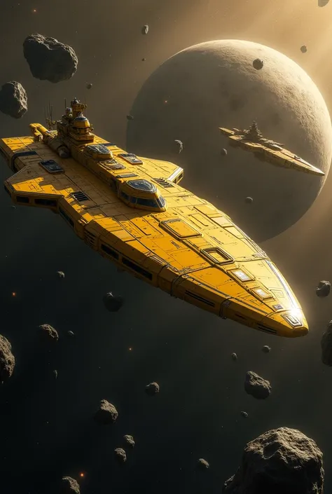 A large, mustard-yellow, elongated, spaceship, reminiscent of a carrier or battlecruiser, is soaring through a star-strewn, deep space environment, amongst numerous dark grey asteroids. The ship's intricate details and textures are visible, in a hyperreali...