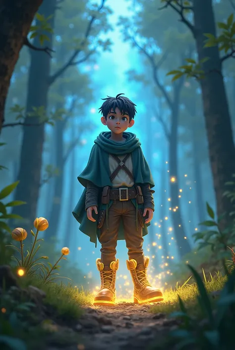 Jessé wears his shiny boots ,  that begin to emit a faint blue and gold glow as a magical voice resounds around.  Jessé looks at the boots with an expression of surprise and curiosity .  He is standing in a clearing in the forest ,  with the scenery filled...