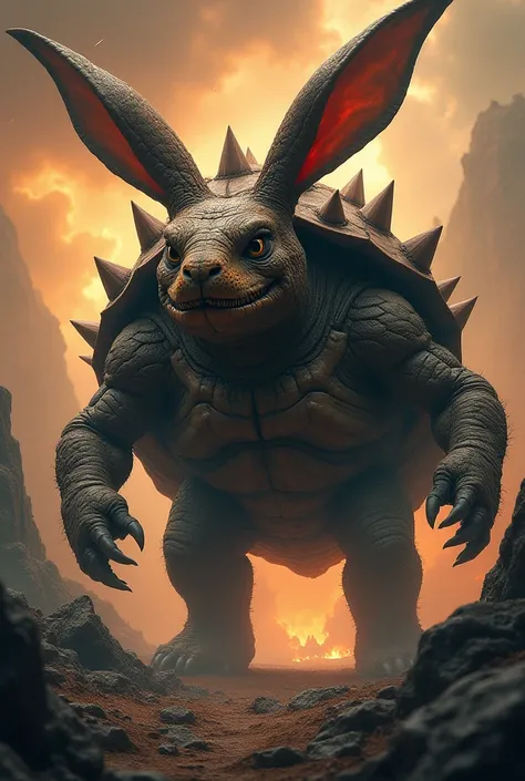 "A hybrid creature combining features of a monstrous tortoise and a giant rabbit. The creature has a rugged, spiked tortoise shell, muscular rabbit-like hind legs, clawed forelimbs, and large ears blending into the spiky shell. Its face combines the sharp-...