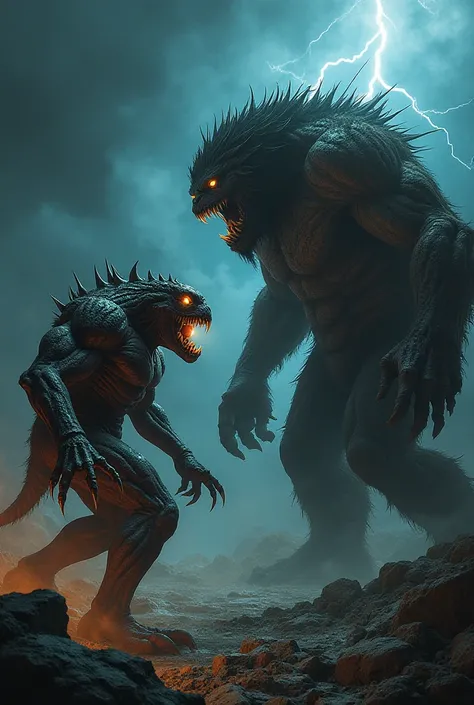 An intense scene featuring a monstrous creature and a giant, both in aggressive, angry postures, facing each other with a threatening stance. The monster has sharp claws, glowing eyes, and a muscular, grotesque form with spiked features, while the giant to...