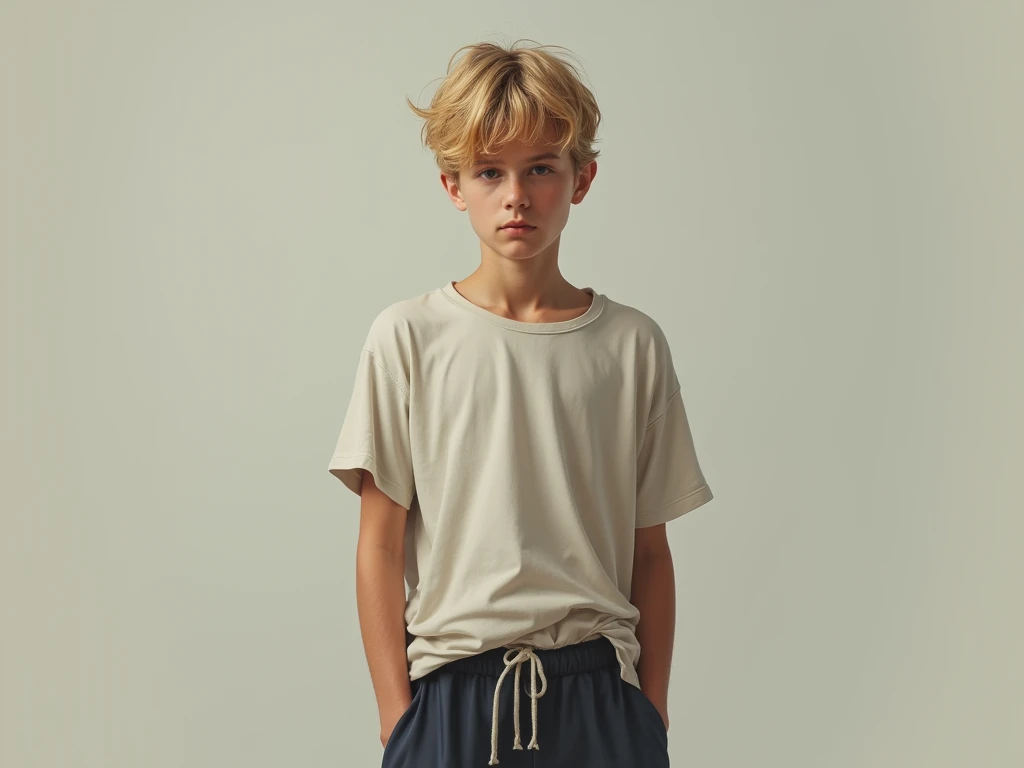 Short-haired realistic blonde 18 year old boy wearing clothes too small for him, full body shot