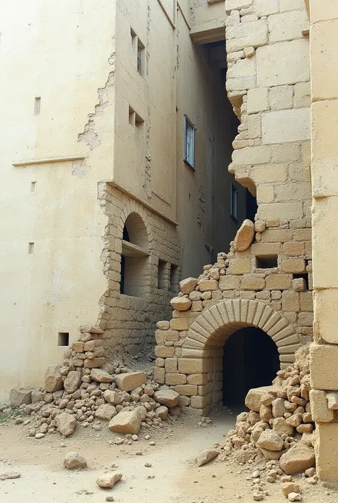 Plans montrant des bâtiments fragiles, avec des fissures visibles, des murs qui se détériorent sous la chaleur, la pluie ou des conditions extrêmes.