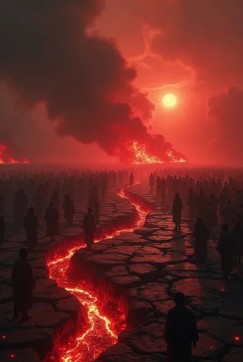 Create a scene of a vast, endless crowd of people in the depths of hell. The ground is cracked and scorched, with rivers of molten lava flowing through the landscape. The sky is dark and stormy, filled with smoke and ash, casting an eerie red glow over the...