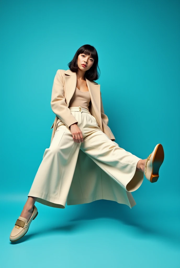 Create a highly realistic fashion studio photograph with a vibrant blue solid background. A female model is in a dynamic and modern pose, sitting casually in the air, with her left leg exaggeratedly extended forward in the foreground and a serious but rela...