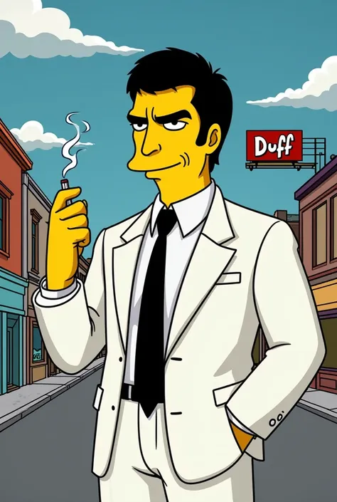 Tony Montana with a cigarette in a Simpsons cartoon 