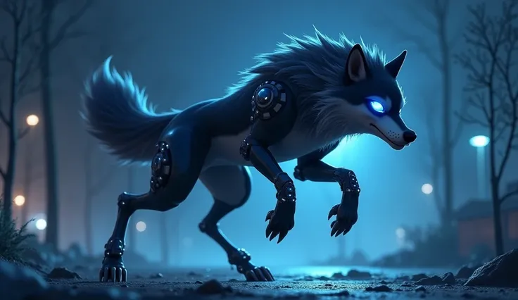 A 3D image of A big cartoon Wolf( gr koay wolf with a slim, athletic build. Her whole four legs are replaced with sleek cybernetic enhancements, glowing faintly. One of her eyes is cybernetic and blue, scanning her surroundings sharply.)is  jumping high an...