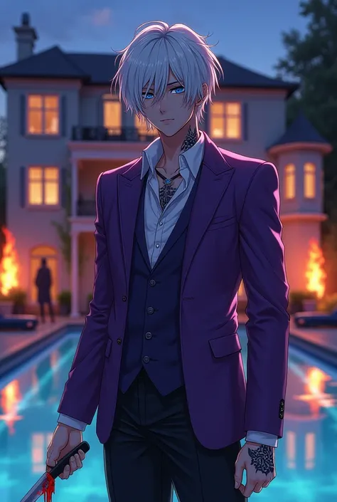 Brutal cool anime picture. White haired man with blue eyes wearing purple suit, black pants, holding a short knife stained with blood, tattooed on his neck, standing in front of a large mansion with a beautiful fire, a swimming pool and a luxurious spot ca...