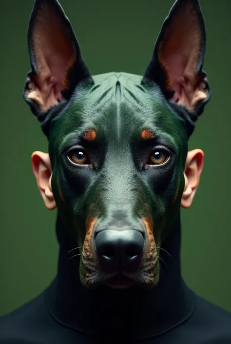  he makes a male model where his face appears from the front, wearing a Doberman-shaped leather mask with colors green and black ,  showing the eyes of the model that stands out well that the model is wearing the mask