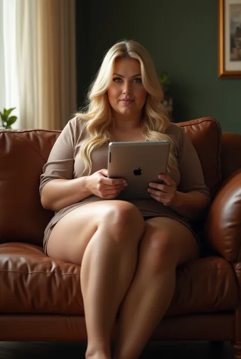 Naked Blonde thick woman aged 30 sits in tan coloured pantyhose on sofa in living room holding a iPad. Leather handbag at her feet Super realistic 