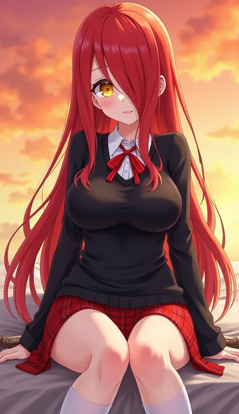   long red hair  ,   large lock of hair covering the right eye , neon yellow eyes ,   very big breasts, mujer adulta ,   Gyaru

beautiful anime schoolgirl  ,   full body

white shirt  ,  red ribbon tie ,   long sleeve black sweater   ,  red plaid skirt  , ...