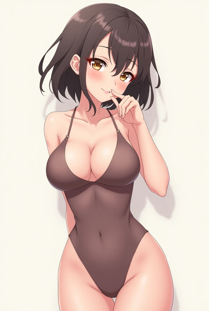 Anime girl with huge breasts,wearing tight clothes, shy