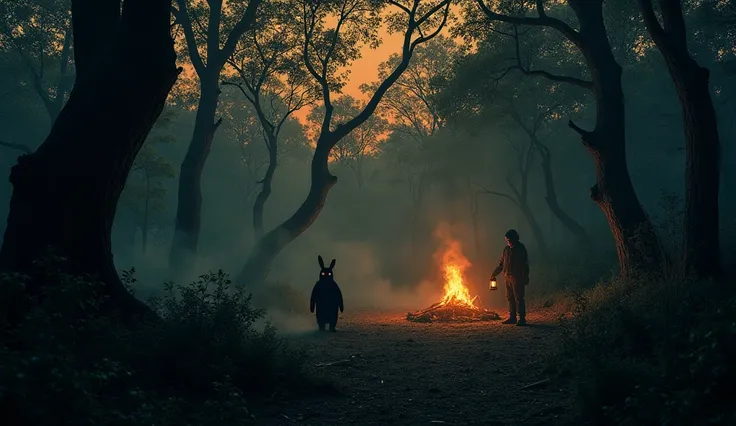 A dense, eerie forest at dusk, with twisted, tall trees that seem to reach out like skeletal arms. The sky is a deep orange as the last light fades, and a thick mist creeps along the forest floor. In the foreground, a small, unsettling figure resembling a ...