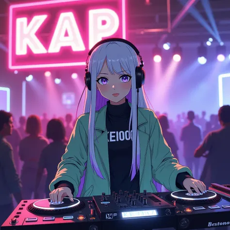  An anime-style character from the 70s /80,  with long white hair and purple highlights , She is happy playing DJ at a futuristic party .  She wears a light green jacket and a black turtleneck shirt with 'KAP written. Above the DJ table , a bright neon sig...