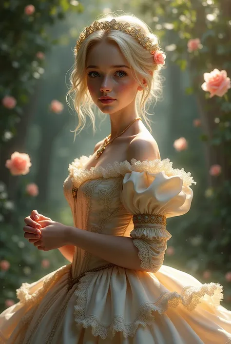 A girl blond She wears a Victorian dress, leaving behind the appearance of a Victorian prince, with her lucky rose falling from her hand. 