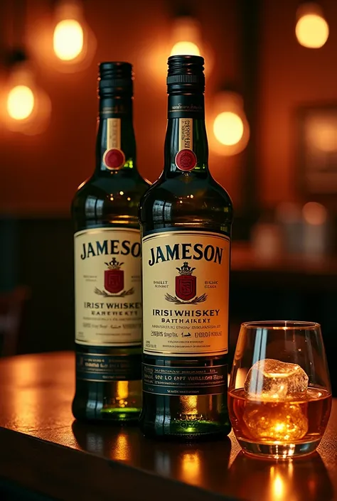 Identical 2 jameson whiskey bottle, Best quality, extremely detailed photo, room karaoke ambience, glass whiskey with ice beside bottle