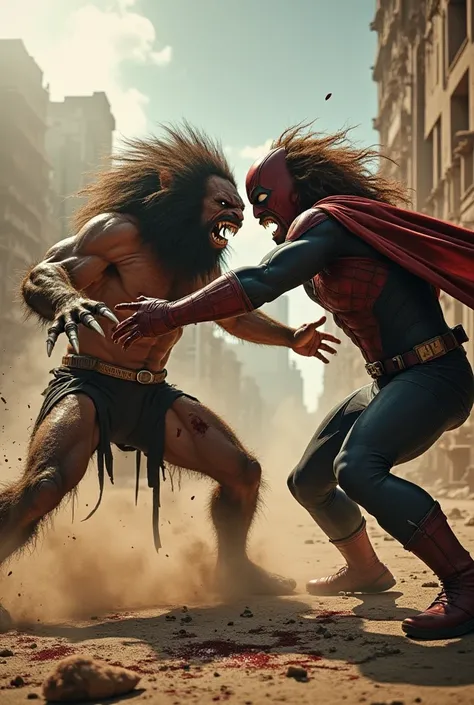 " An epic battle between a fierce animal Savage and a powerful superhero ,  both with expressions of extreme anger .  The animal displays sharp claws and marks of battle for the body , while the superhero, with torn costumes ,  shows recent injuries and sc...