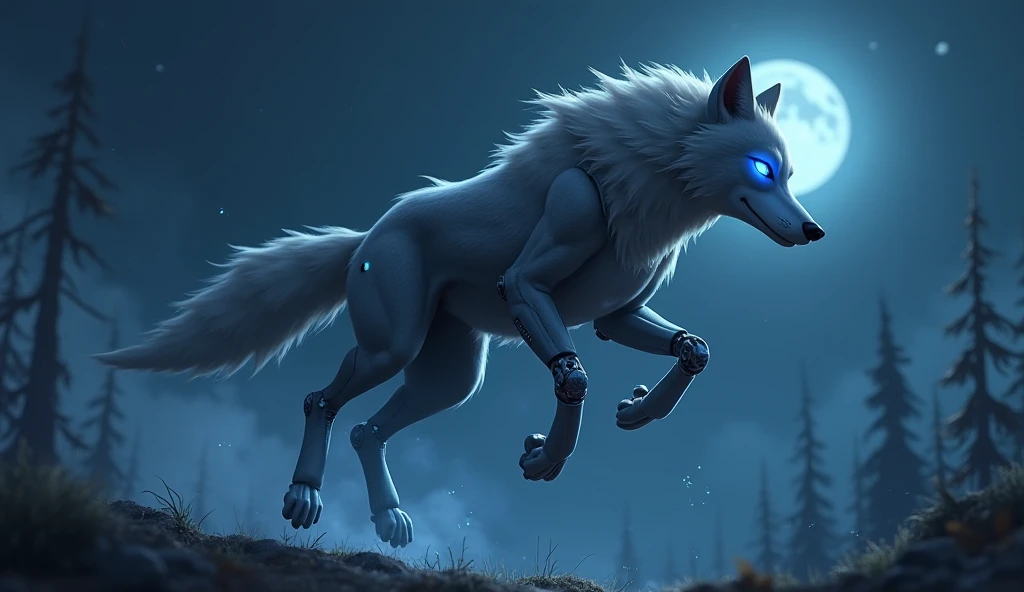 A 3D image of A big cartoon Wolf( grey wolf with a slim, athletic build. Her whole four legs are replaced with sleek cybernetic enhancements, glowing faintly. One of her eyes is cybernetic and blue, scanning her surroundings sharply.)is jumping high in mid...