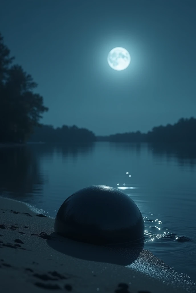 on the edge of a lake, a dark bubble stuck in the ground .  Tonight it's just the moon illuminating the huge dark bubble in the sand
