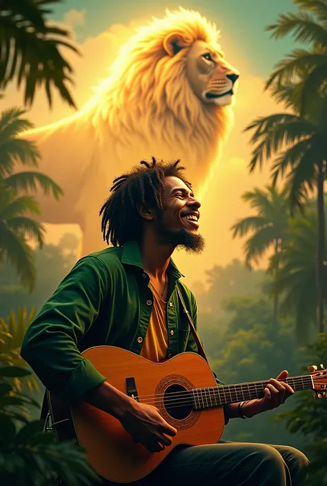 Une guitare Bob marley ultra realiste qui écrit une chanson avec une chemise couleur reggae vert jaune un fond de lumière couleur or un paysage tropical avec un lion dessiner avec les nuages