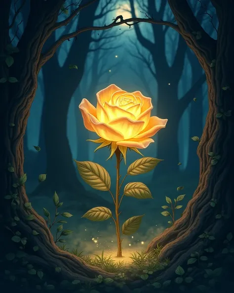 A Golden Rose Glowing In The Forest At Dark Night, Anime Version