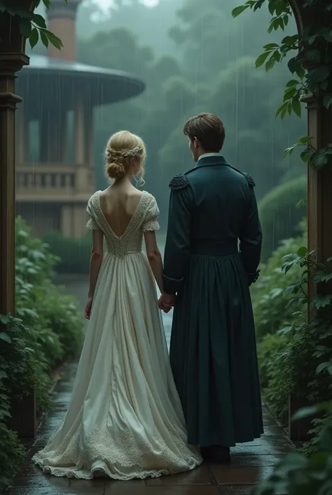 Blonde girl in Victorian dress leaving behind brown haired prince, rainy weather 