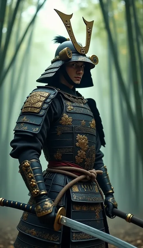 A samurai warrior inspired by Japan, wearing traditional armor decorated with cherry blossom patterns. The warrior wields a sharp katana and stands confidently in a misty bamboo forest.